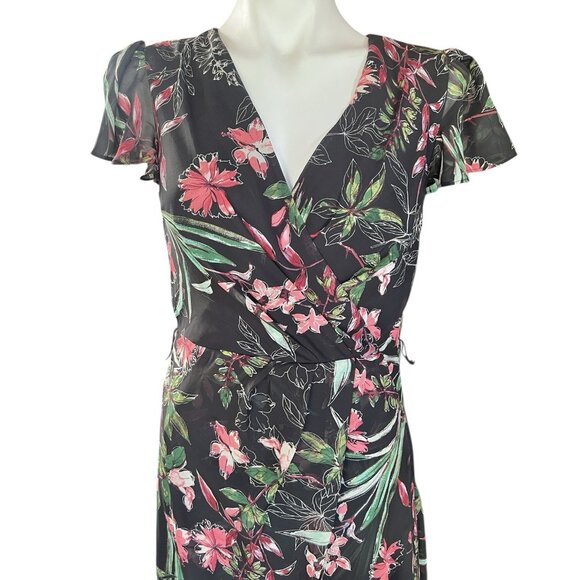 Julia Jordan Size 6 Floral Dress High Low Hem B & W Green Pink Lined Faux Wrap - Picture 3 of 14